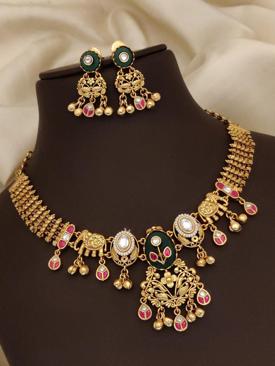 Traditional Gold-Plated Temple Necklace Set with Ruby & Kundan Work