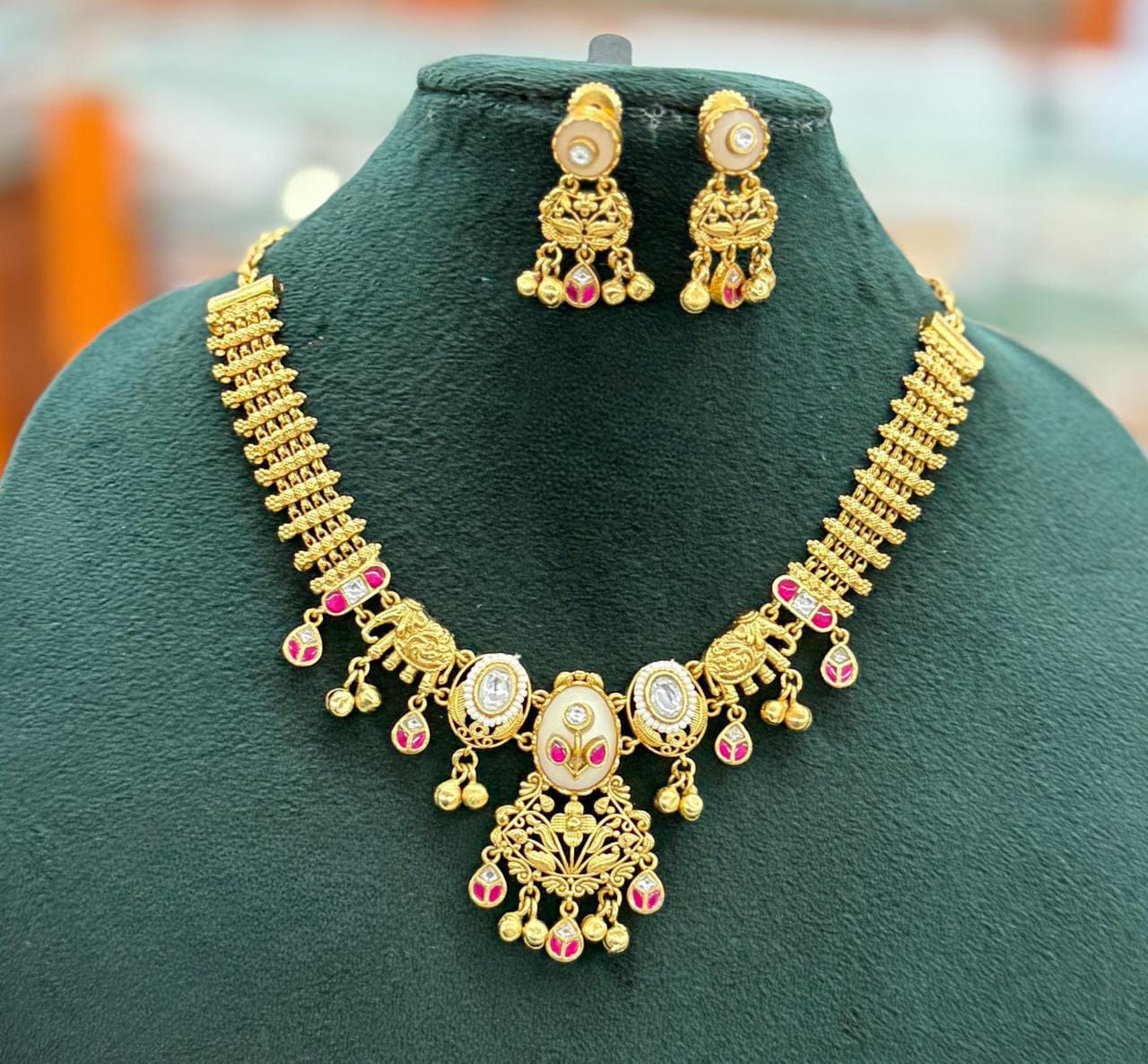 Traditional Gold-Plated Temple Necklace Set with Ruby & Kundan Work