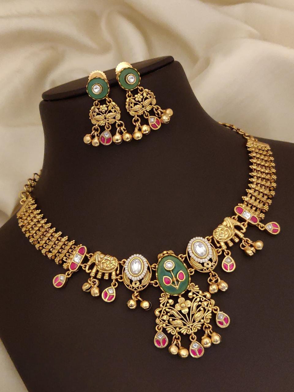 Traditional Gold-Plated Temple Necklace Set with Ruby & Kundan Work