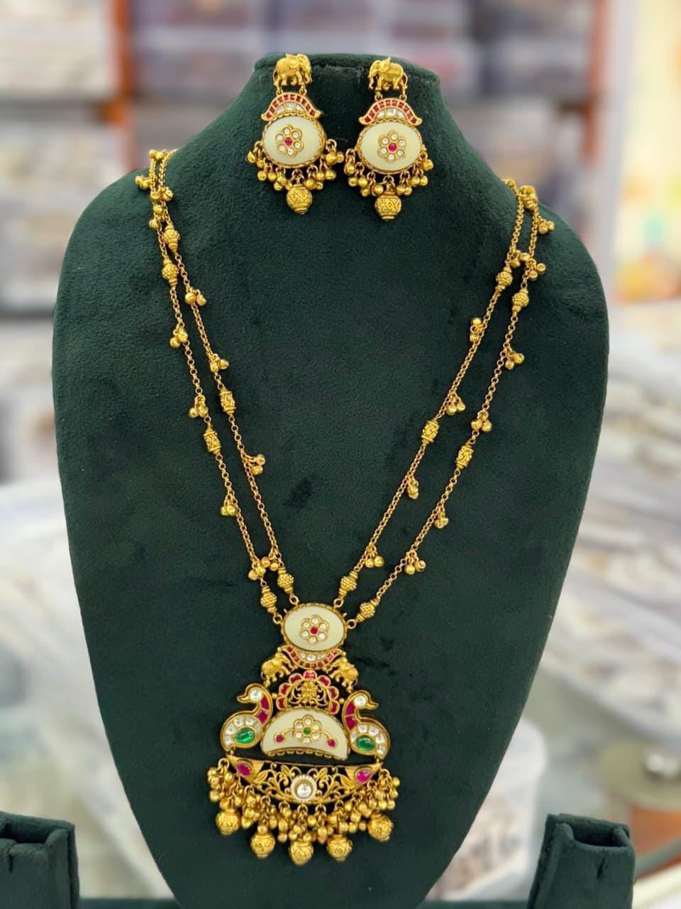 Traditional Antique Gold Finish Temple Necklace Set with Green Enamel & Elephant Motif Earrings